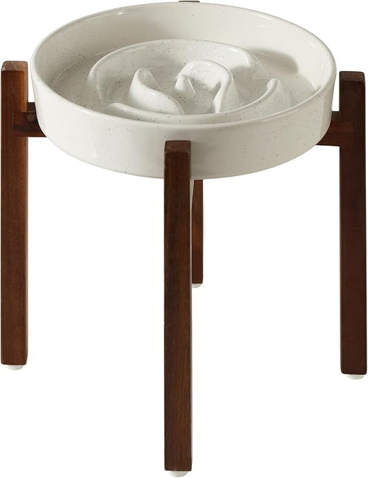 Ceramic 3.2 Cup Raised Slow Feeder Dog Bowl Set, Elevated Acacia Wood Stand for Large Dog, 9.5inch Slow Dish, Stop Bloat(Single Bowl+ Stand, Vanilla White)
