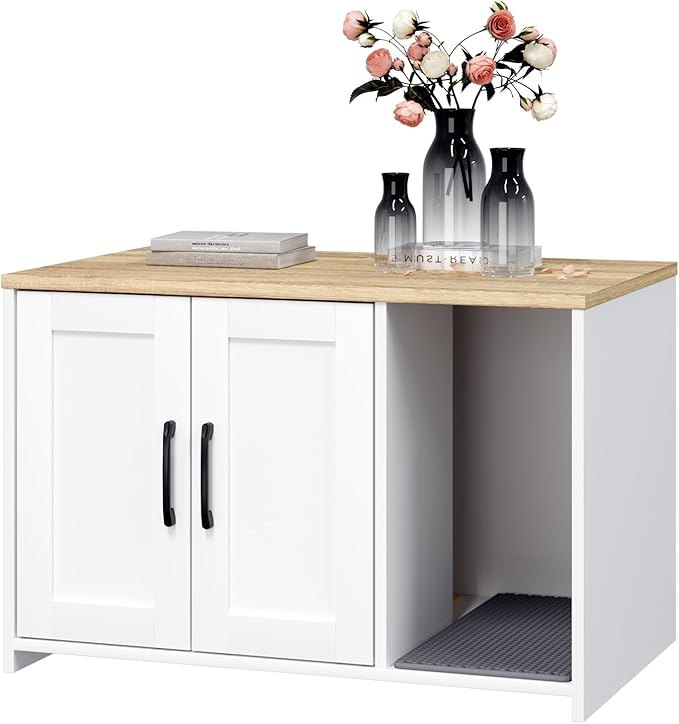 Cat Litter Box Enclosure, Hidden Litter Box Furniture with 2 Doors,Wooden Cat Washroom Indoor, Freestanding Cabinet for Living Room,Hallway,White