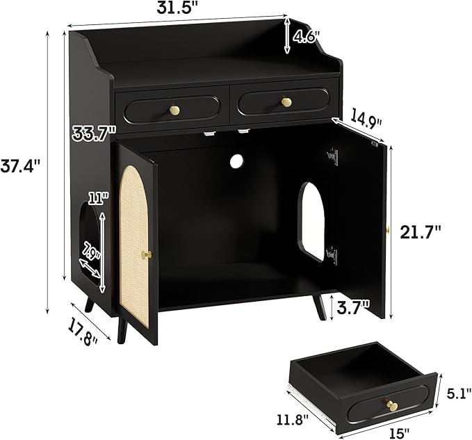Cat Litter Box Enclosure Furniture, Wooden Hidden Litter Box Furniture with Double Rattan Scratching Board Doors, 2 Drawers, Litter Box Cabinet, Cat Cabinet, Black