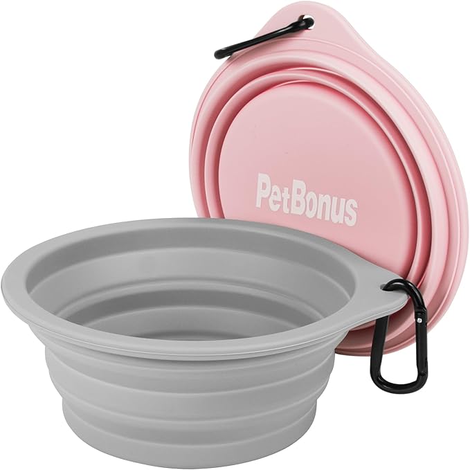 PetBonus 2-Pack Silicone Collapsible Dog Bowls, BPA Free Dishwasher Safe, Portable Foldable Expandable Travel Bowl, Food Water Feeding Cup Dish for Dogs Cats with 2 Carabiners （Grey, Chalk Pink）