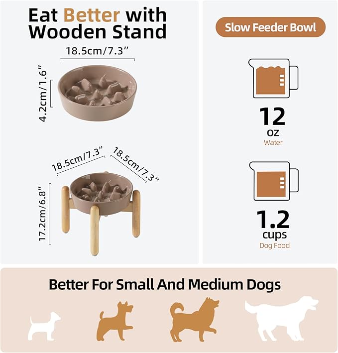 Ceramic 1.2 Cup Dog Raised Slow Feeder Set, Elevated Bowl with Wooden Stand for Medium and Small Dog, 7.3inch Slow Feeder Dish for Fast Easters(Brown Coffee, Single Bowl+ Stand)