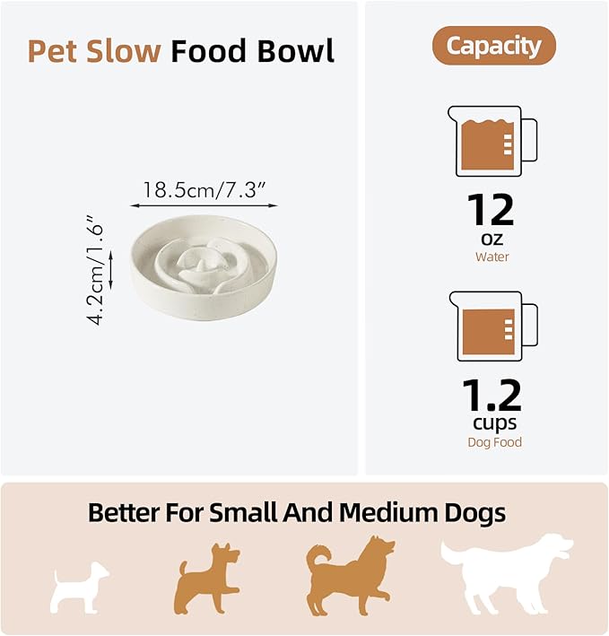 Ceramic 1.2 Cup Dog Bowl Slow Feeder for Medium and Small Dog, 7.3inch Pet Slow Dish, Stop Bloat, Preventing Choking(Single Bowl, Vanilla White)