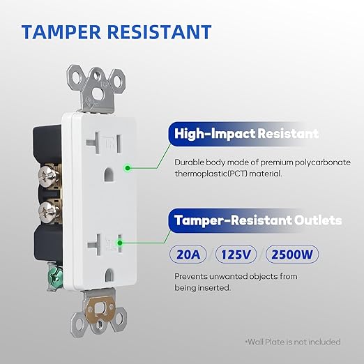 Decorator Wall Recetpacle Outlet, 10 Pack Tamper Resistant 20 Amp Standard Electrical Outlets, Self-Grounding, 2-Pole 3-Wire, UL Listed, White