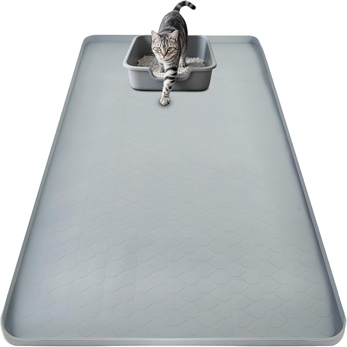 SpaceTime 34"X22" Large Cat Litter Mat Litter Trapping Mat for Cat,XL Litter Box Mat for Kitty,Waterproof & Urine Proof Extra Large Silicone Pad for Floor,Non-Slip,Raised Edges (Silicone-Grey)