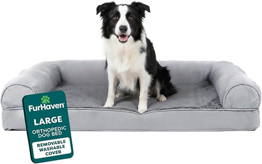 Furhaven Orthopedic Dog Bed for Large/Medium Dogs w/ Removable Bolsters & Washable Cover, For Dogs Up to 55 lbs - Plush & Suede Sofa - Gray, Large