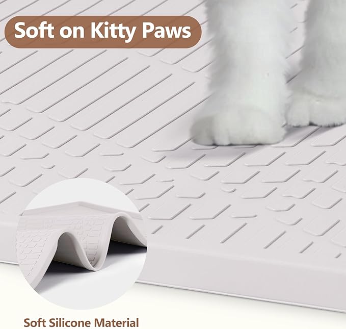 Large Cat Litter Mat with Toy Ball, 34'' x 22'' Silicone Cat Litter Trapping Mat for Scatter Control, Soft on Kitty Paws, Easy to Clean (White)