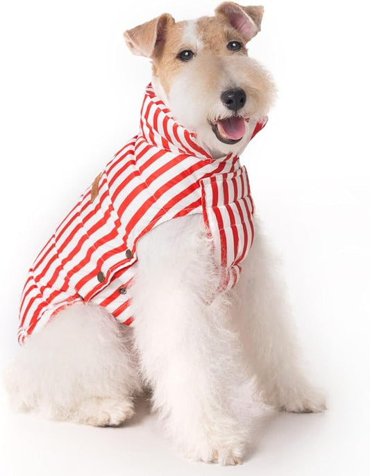 SPACE LION Dog Puffer Jacket, Down Winter Coat, Durable Outdoor Coat for Cold and Windy Conditions, Lightweight & Adjustable Fit Coats for Medium Dogs, (RedStripe, Size 14 Gift Box)