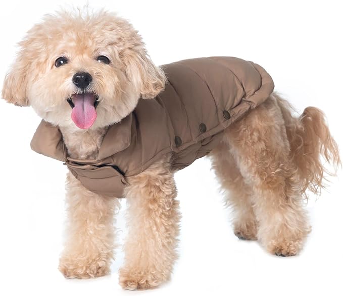 SPACE LION Dog Puffer Jacket, Down Winter Coat, Durable Outdoor Coat for Cold and Windy Conditions, Lightweight & Adjustable Fit Coats for Small Dogs, (Camel, Size 10 Gift Box)