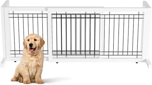 Bonnlo Free Standing Dog Gate, 37" - 68" Wide Pet Gate for Fireplace Stairs Doorways, Wooden Adjustable Pet Fence Indoor, Christmas Tree Gate (White)