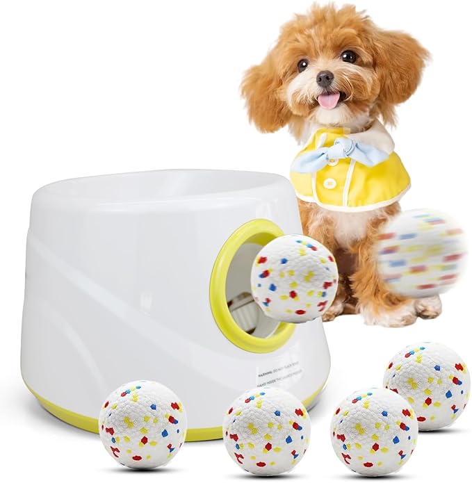 Automatic Dog Ball Launcher with 6 ETPU Balls, White, Adjustable Distance 20-45ft, USB Rechargeable, Interactive Pet Toy-Blue (Yellow)