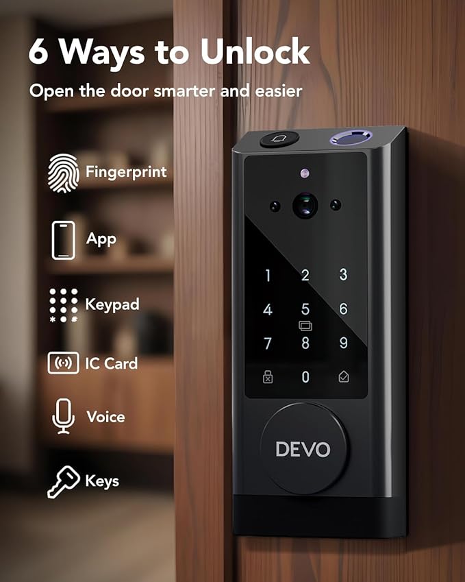 Devo G1 Video Smart Lock with Camera & Doorbell,App Remote Door Lock 6-in-1 Keyless Entry,Fingerprint ID,Auto Locks,Built-in Wi-Fi Smart Deadbolt for Front Door,Easy Install,Waterproof,BHMA Grade 3