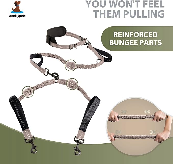 SparklyPets Hands Free Double Dog Leash – Dual Leash for Medium and Large Breeds – Lead for 2 Dogs with Padded Handles, Reflective Stitches, No Pull, Tangle Free (Brown)