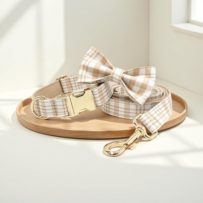 PETDURO Personalized Dog Collar Light Brown Plaid for Large Medium Dogs | Engraved Name and Phone Number on Gold Metal Buckle for Boys & Girls | Add Leash & Bow Tie via Customize Now