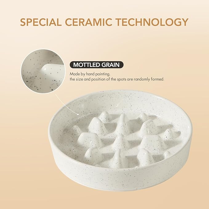 Ceramic 1.6 Cup Raised Slow Feeder Dog Bowl Set, Elevated 7.3inch Bowl and 8.2inch Slow Feeder Dish with Acacia Wood Stand for Medium and Large Dogs (2 x Vanilla White+ Stand)