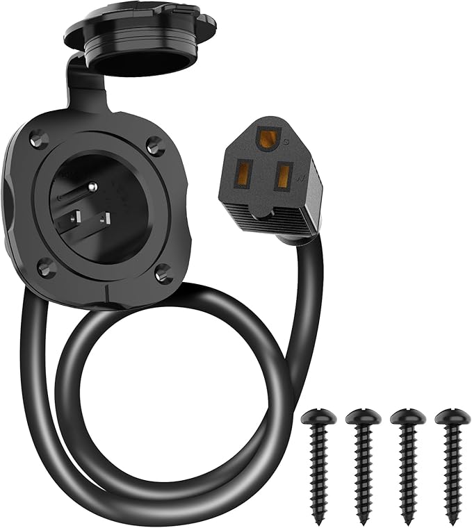 15 Amp AC Port Plug, 125V Power Inlet Socket with Waterproof Cover & Integrated 18" Extension Cord, 2 Pole 3-Wire NEMA 5-15 Flanged Generator Inlet Plug for RV Boat Electrical Connections