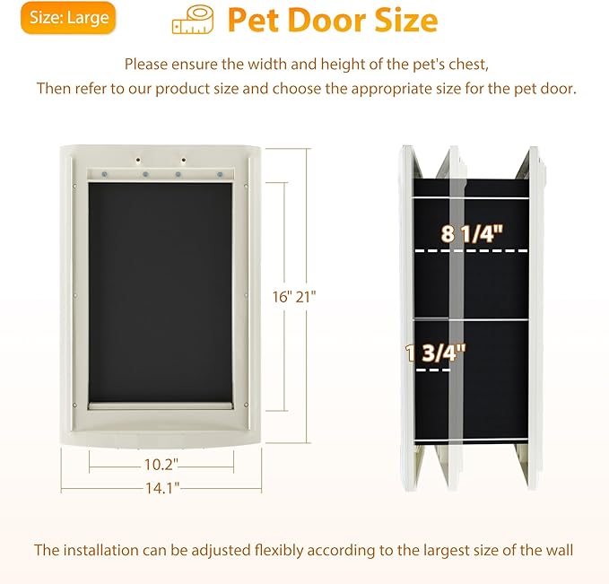 mestyl Dog Door for Wall, Pet Door, Doggie Door with Telescoping Tunnel, Double Magnetic Flaps and Sliding Lock Panels, 3-Flap Dog Door and Cat Door, Easy to Install, White, Large
