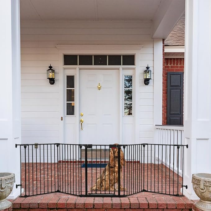 Freestanding Dog Gates with Door Walk Through, Extra Wide Doggy Door 125" W x 29" H Pet Gate Safty 5 Panels Dog Fence for Stairs, Doorways