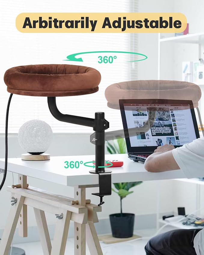 Cat Bed for Desk,Keeps Kitten Close and Workspace Clear Cat Bed,Height Adjustable and Rotatable,Drilling-Free(Heated Brown,18.5" Lx17.5 Wx17.5 W)