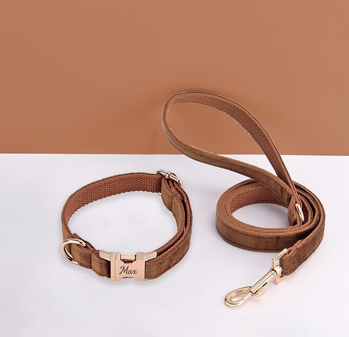 Velvet Harness Set, Gift for Pet Owners, Custom Dog Collar Personalized with Name and Phone Number, Custom Collar and Leash for Dogs, Engraved Metal Buckle Collar(Medium)
