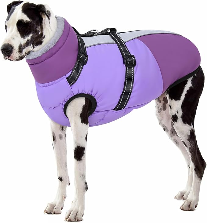 SUNFURA Dog Coat, XXXL Dog Jacket with Harness Built in, Waterproof Pet Winter Coat Snowsuit with Zip, Reflective Fleece Jacket for Extra Large Dogs, Great Dane, Purple 3XL