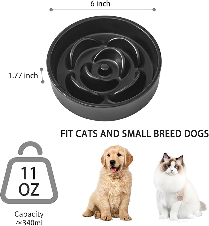 6'' Ceramic Slow Feeder Dog Bowls - Petal Shape Modern Dog Food Dish for Cats and Small Breed Dogs, Puzzle Maze Bowl to Slow Down Eating, Anti-Gulping, Dishwasher & Microwave Safe, Black