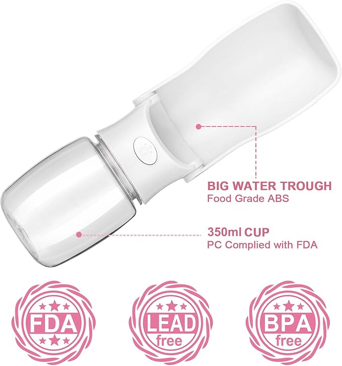 Portable Dog Water Bottle - Foldable Dog Water Dispenser | Leak Proof & Food Grade Plastic Travel | Pet Water Bottle for Cat Outdoor Walking Hiking Travel（US） (White, 12oz)