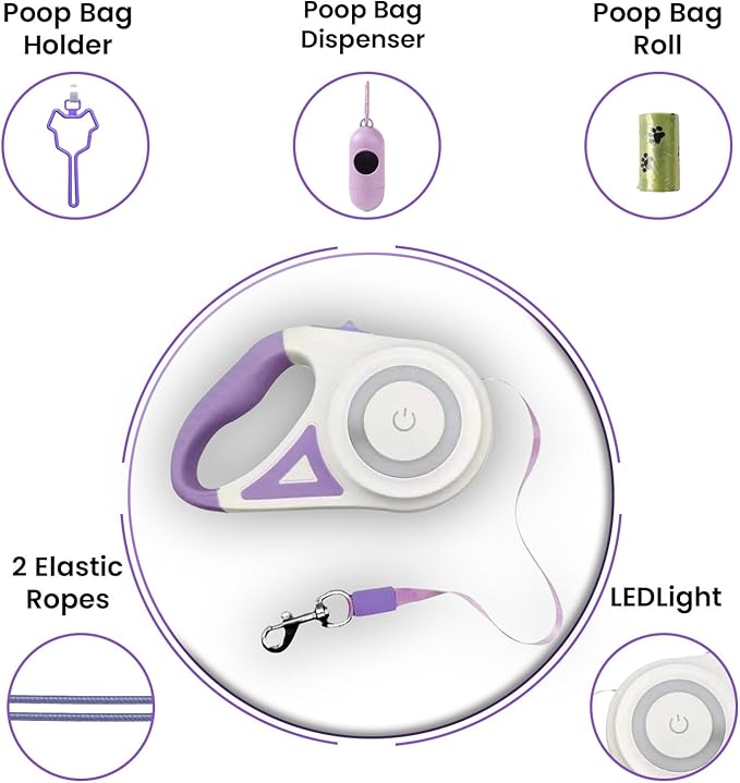 Best Dog Supplies | Pink Retractable Dog Leash with Light, Poop Bag Dispenser, Poop Bag Holder, 2 Elastic Ropes | Set of 4 (Purple)