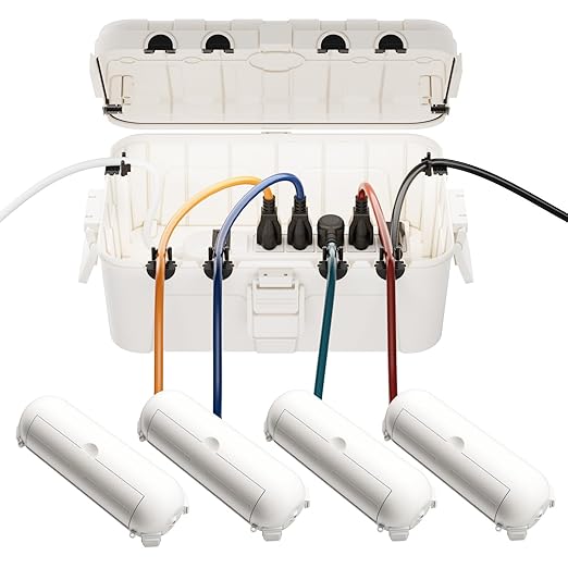 RESTMO 5-Piece Outdoor Waterproof Electrical Box Set – 12.5" x 8.5" x 5" Large & 7.1" x 2.3" x 2.3" Small, Weatherproof Boxes for Power Strip, Outlet, Plug, Socket, Timer, Holiday Light, White