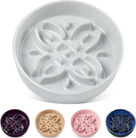 vancasso Ceramic Slow Feeder Dog Bowls, Puzzle Dog Food Bowls with Floral Maze, Anti -Slip Pet Food Dish for Small Breed, 0.6 Cups, Grayish Cyan