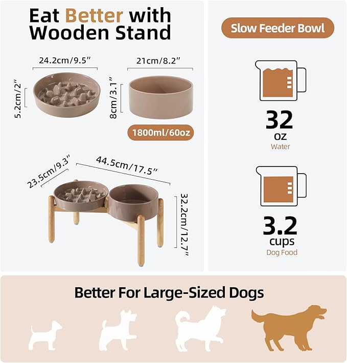 Ceramic 3.2 Cup Raised Slow Feeder Dog Bowl Set, Elevated 8.2inch Bowl and 9.5inch Slow Pet Food Dish with Wooden Stand for Large Dog (2 x Brown Coffee+ Stand)