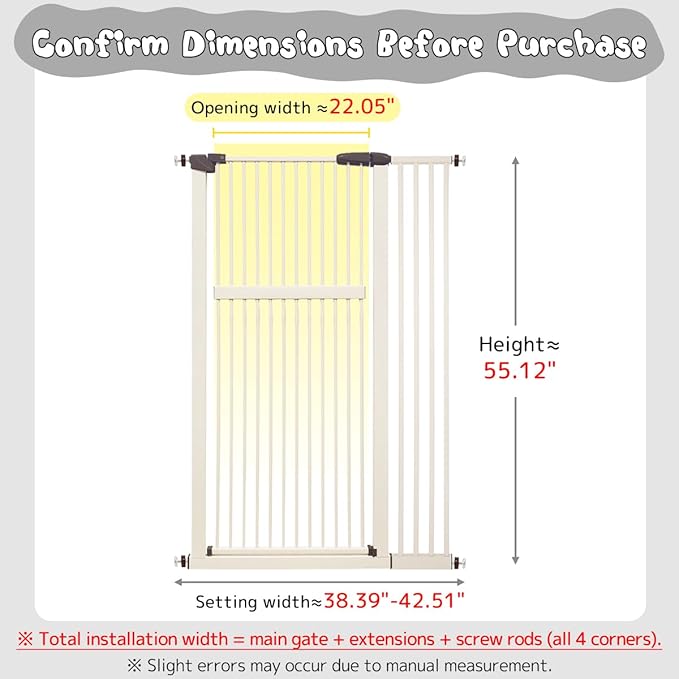 Lumizone Extra Tall Pet Gate 55.12" High Pressure Mounted 38.39"-42.51" Extra Wide (9 Sizes) 1.37" Gap for Cat Dog Stairs Doorway Hallway No Drilling Auto-Close (38.39"-42.51" W, Cream White)