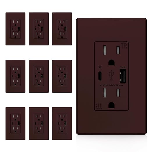 ELEGRP USB Wall Outlet with USB A & C Ports, 15 Amp Duplex Tamper Resistant Receptacle Plug NEMA 5-15R, Wall Plate Included, UL Listed, 10 Pack, Matte Brown