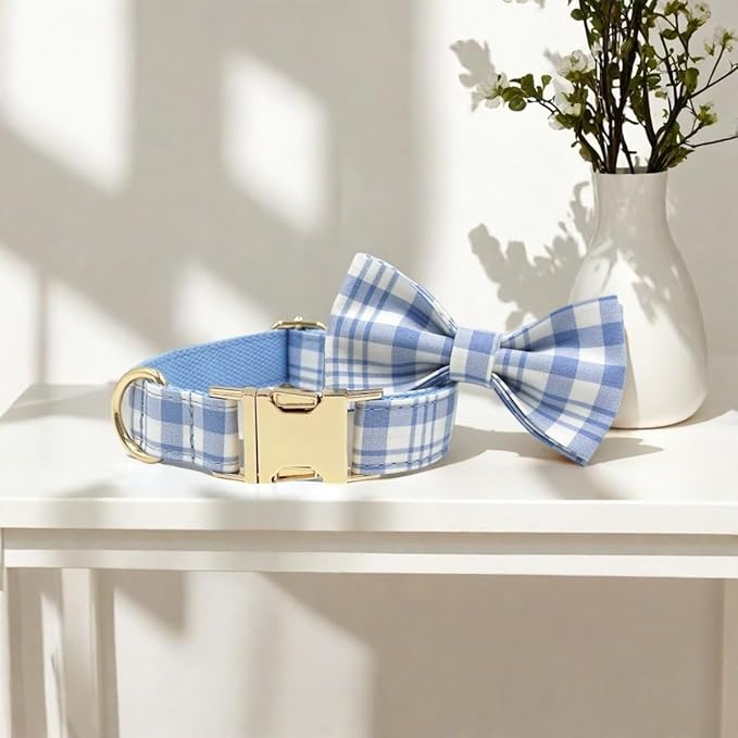 PETDURO Personalized Dog Collar Sky Blue Plaid for Large Medium Dogs | Engraved Name and Phone Number on Gold Metal Buckle for Boys & Girls | Add Leash & Bow Tie via Customize Now