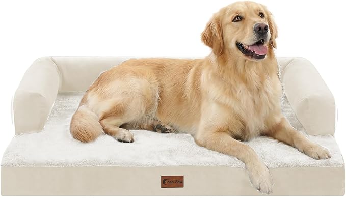 Orthopedic Dog Beds for Large Sized Dogs, Waterproof Egg Crate Foam Large Dog Couch Beds with Comfy Bolster 36x27Inch, Washable Pet Beds with Removable Cover and Nonskid Bottom, Beige