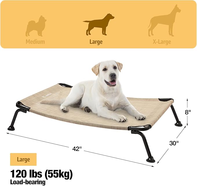Veehoo Outdoor Elevated Dog Bed, Cooling Raised Dog Cots Beds for Large Dogs, Portable Waterproof Curved Dogs Hammock Bed for Outside, up to 120lbs, Black Legs, Beige 42"