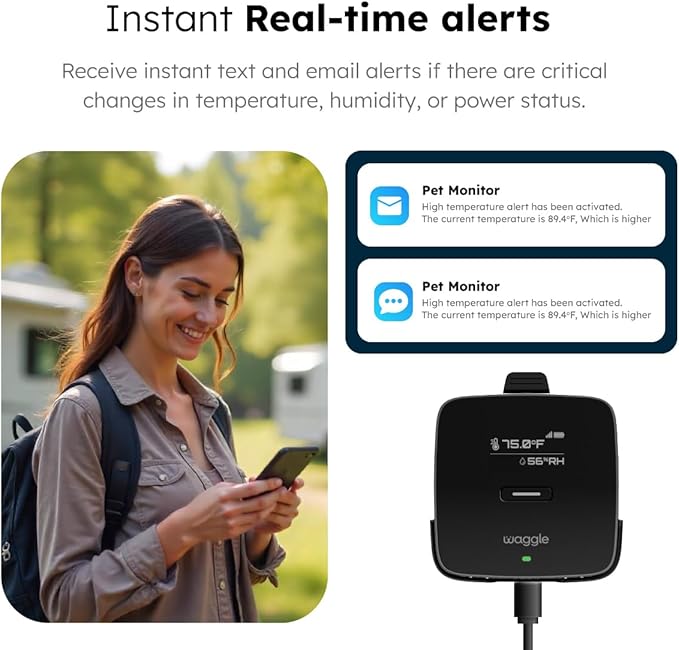 Waggle 4G Pet Temperature Monitor – No Wi-Fi Needed, Real-Time App/SMS/Email Alerts - RV, Car & Home Safety Device with Power-Outage Notifications, Rechargeable Battery – Subscription Required