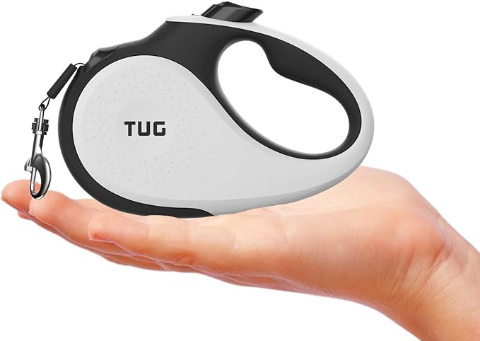 TUG Tiny 360° Tangle-Free Retractable Dog Leash with Anti-Slip Handle | 10 ft Nylon Tape| One-Handed Brake, Pause, Lock (White)