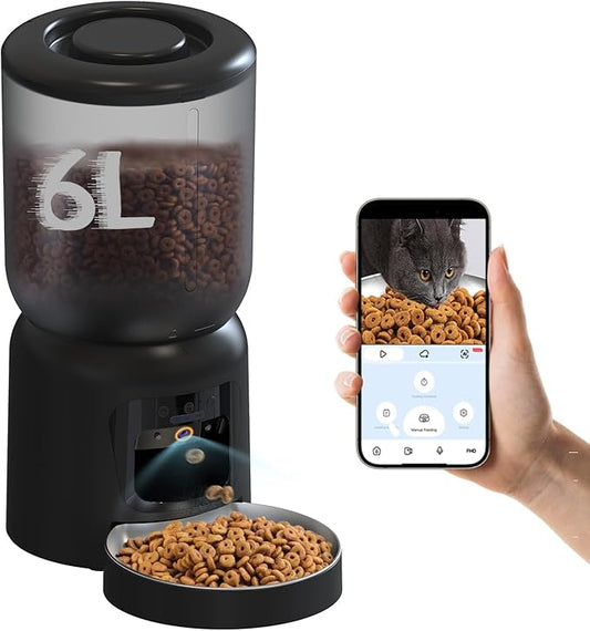 Automatic Cat Feeder with 2K HD Camera, 2.4/5G WiFi 6L Pet Feeder Automatic for Cats & Dogs, Dog Automatic Feeder APP Control, Programmable Cat Food Dispenser with Night Vision,Two-Way Audio (Black)