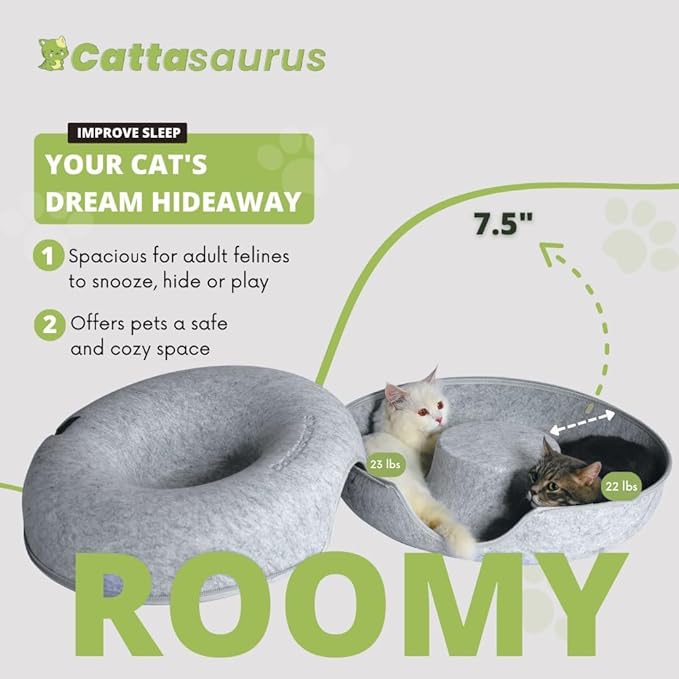 Cattasaurus Peekaboo Cat Cave Donut for Multiple & Large Cats up to 30-45 lbs, 3-in-1 Self Warming Cat Bed, Tunnel & Scratcher for Indoor Cats, Washable & Detachable (Light Gray + Light Gray, Large)
