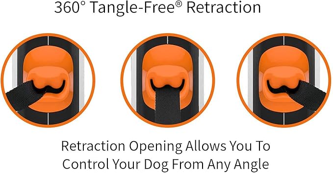 TUG 360° Tangle-Free Retractable Dog Leash with Anti-Slip Handle | 16 ft Strong Nylon Tape | One-Handed Brake, Pause, Lock (Small, White/Orange)