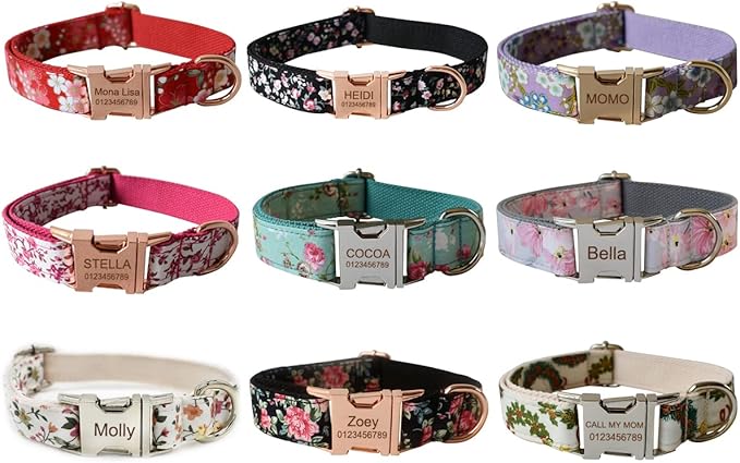 Custom Dog Collar with Metal Buckle - Pet Collars Personalized with Name and Phone Number (Floral)