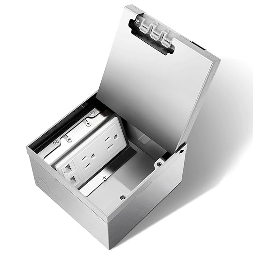 Vagueior Recessed Flat Hidden Floor Electrical Outlet Kit,with 4 * 15A Receptacle+1 * 5V 2.1A USB Charging Ports+2-Port RJ45 Datacom Receptacle，Waterproof Electrical Outlet Covcer Box,Silver