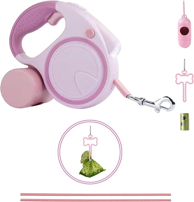 Best Dog Supplies | Pink Retractable Dog Leash with Light, Poop Bag Dispenser, Poop Bag Holder, 2 Elastic Ropes | Set of 4