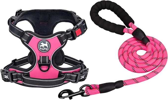 PoyPet Dog Harness and Leash Combo, Escape Proof No Pull Vest Harness, with 5 Feet Leash, Reflective Adjustable Soft Padded Pet Harness with Handle for Small to Large Dogs(Pink,XL)