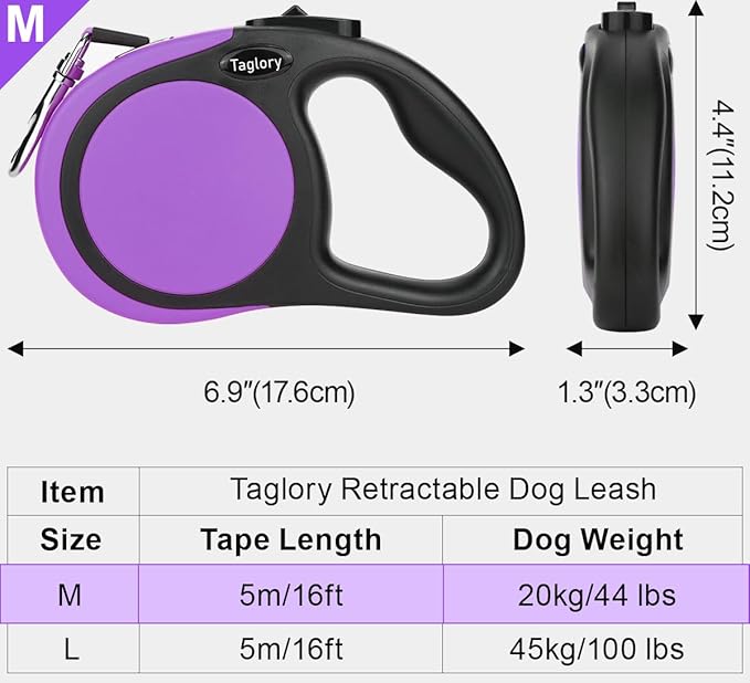 Taglory Retractable Dog Leash, 16ft No Tangle Leash Retractable for Small Medium Dogs Up to 44 lbs, One-Handed Brake, Pause, Lock,Purple