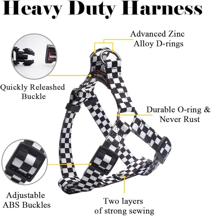 QQPETS Dog Harness Leash Set Adjustable Heavy Duty No Pull Halter Harnesses for Small Medium Large Breed Dogs Back Clip Anti-Twist Perfect for Walking (L(23"-32" Chest Girth), Black Plaid)