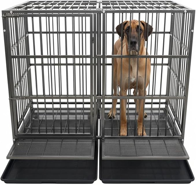 54/48/42/38 Inch Heavy Duty Dog Crate Cage with Wheels, Indestructible and Escape Proof Steel Kennel Indoor for High Anxiety Dogs with Sturdy Locks, Double Door and Tray, Extra Large XL XXL