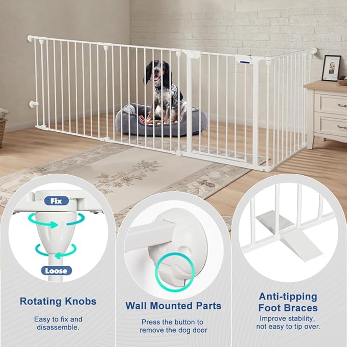 Freestanding Dog Gates with Door Walk Through, Extra Wide Doggy Door 100" W x 29" H Pet Gate Safty 4 Panels Dog Fence for Stairs, Doorways, White