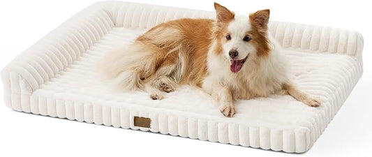 Cute Dog Bed, Faux Rabbit Fur Orthopedic Foam Dog Bed with Sides, Removable Washable Cover & Waterproof Lining, Comfortable Pet Couch for Large Dogs, Cream (44" L x 32" W x 7" Th)