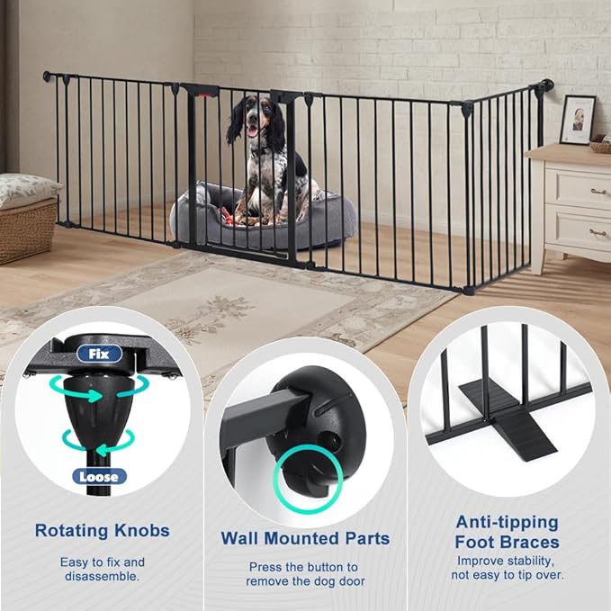 Freestanding Dog Gates with Door Walk Through, Extra Wide Doggy Door 100" W x 29" H Pet Gate Safty 4 Panels Dog Fence for Stairs, Doorways